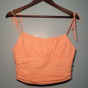 Zara Pink & Orange Gingham Plaid Ruched Smocked‎ Back Cropped Top Womens Size L